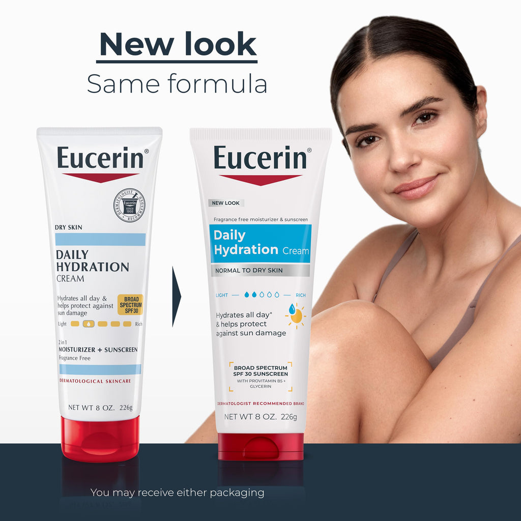 Eucerin Daily Hydration Cream, Broad Spectrum SPF 30, 8 OZ | Body Cream with Glycerin and SPF 30 Sunscreen, 24-Hour Moisture for Normal to Dry Skin, Fragrance Free