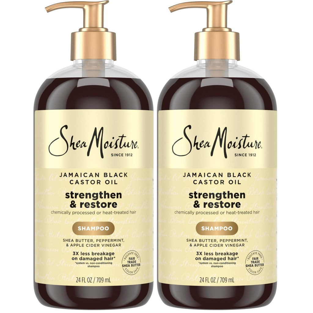Shea Moisture Strengthen and Restore Shampoo for Damaged Hair 100% Pure Jamaican Black Castor Oil Cleanse and Nourish 13 oz | For damaged hair - remove build up, strengthen, and restore hair with Shea Butter, Peppermint, and Apple Cider Vinegar.