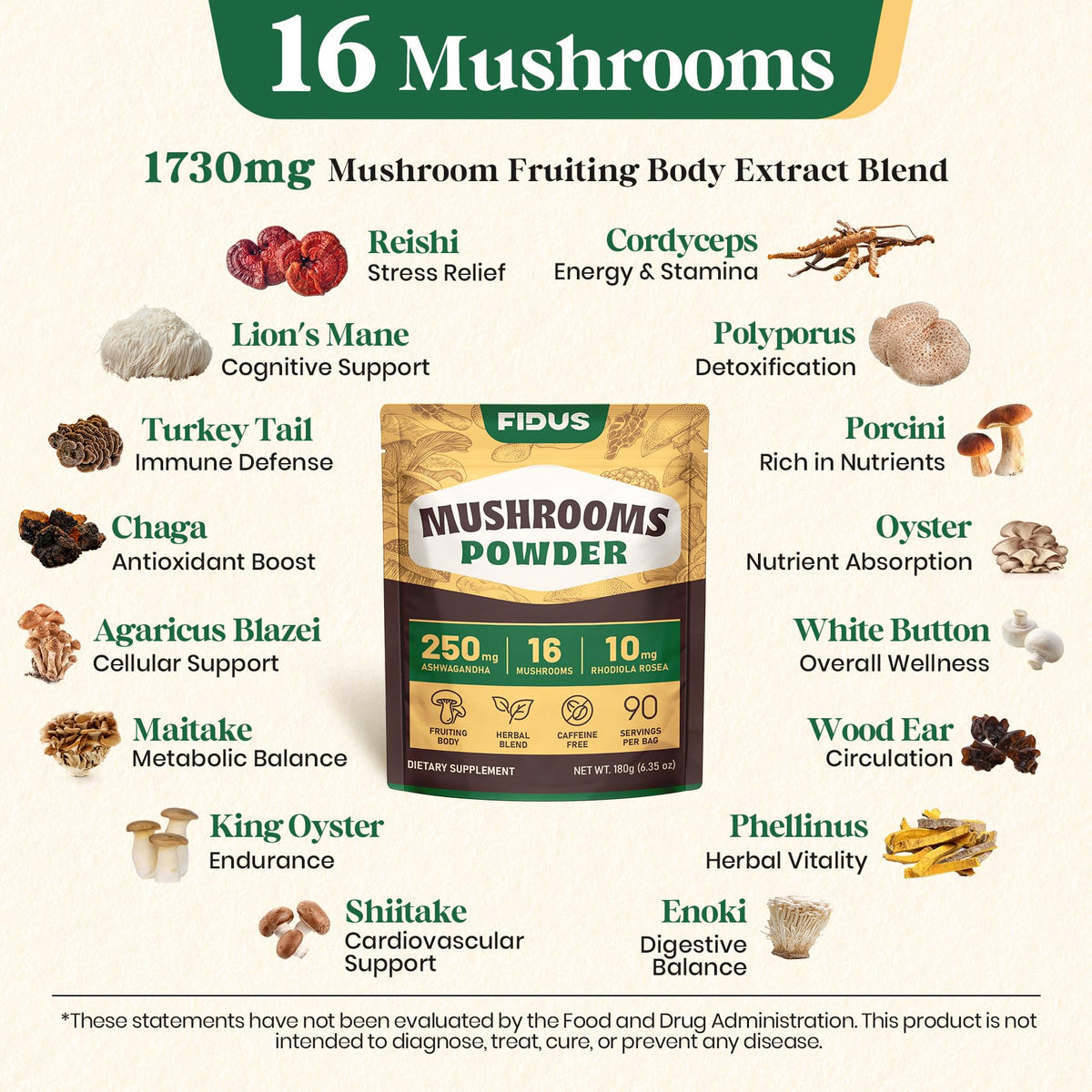 16 in 1 Mushroom Powder, Mushroom Coffee Alternative, 100% Fruiting Bodies