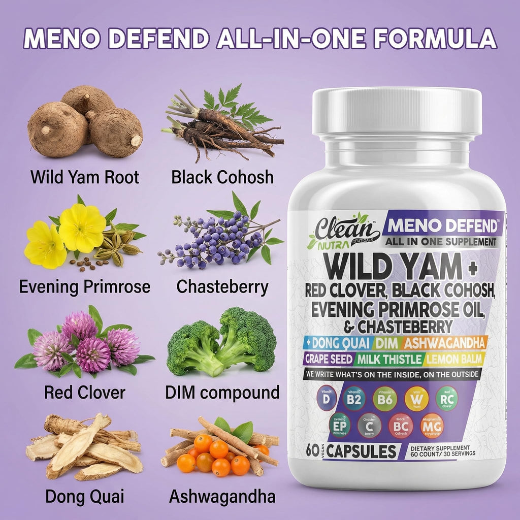 Clean Nutra Wild Yam Root Capsules with Red Clover Black Cohosh Evening Primrose Oil Chasteberry Dong Quai DIM Ashwagandha Grape Seed Extract Milk Thistle Lemon Balm and more Hormone Balance For Women