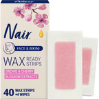 Nair Hair Remover Wax Ready Strips, Face and Bikini, 40 Count | Upper Lip, Chin & Cheek, Hair Removal, Dermatologist Tested, All Skin Type, Orchid and Cherry Blossom Extracts, Soft Skin