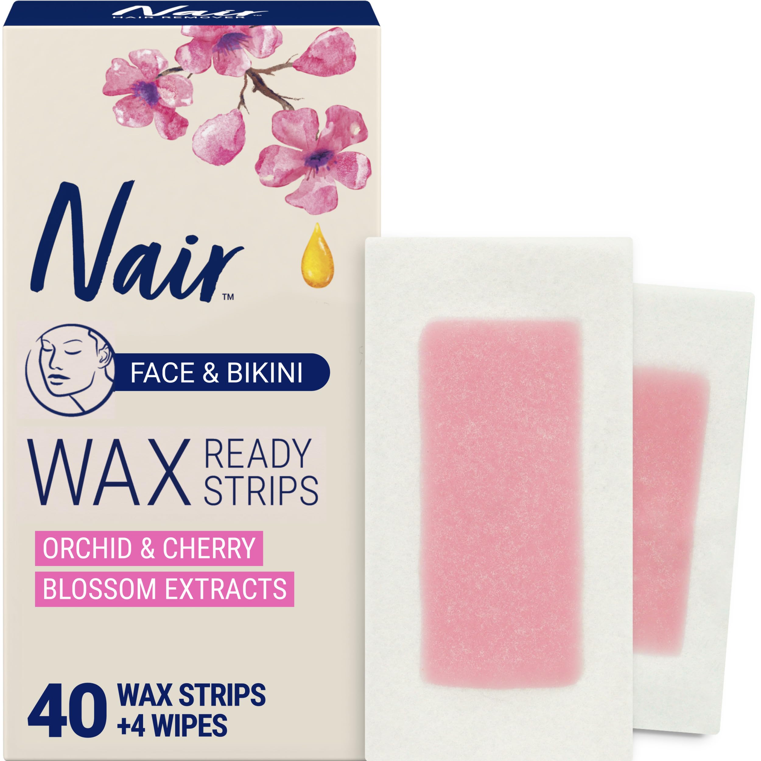 Nair Hair Remover Wax Ready Strips, Face and Bikini, 40 Count | Upper Lip, Chin & Cheek, Hair Removal, Dermatologist Tested, All Skin Type, Orchid and Cherry Blossom Extracts, Soft Skin