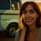 A woman smiles while applying Vanman's Tallow and Honey Balm, showcasing natural healing benefits. Verified by CuratCart.