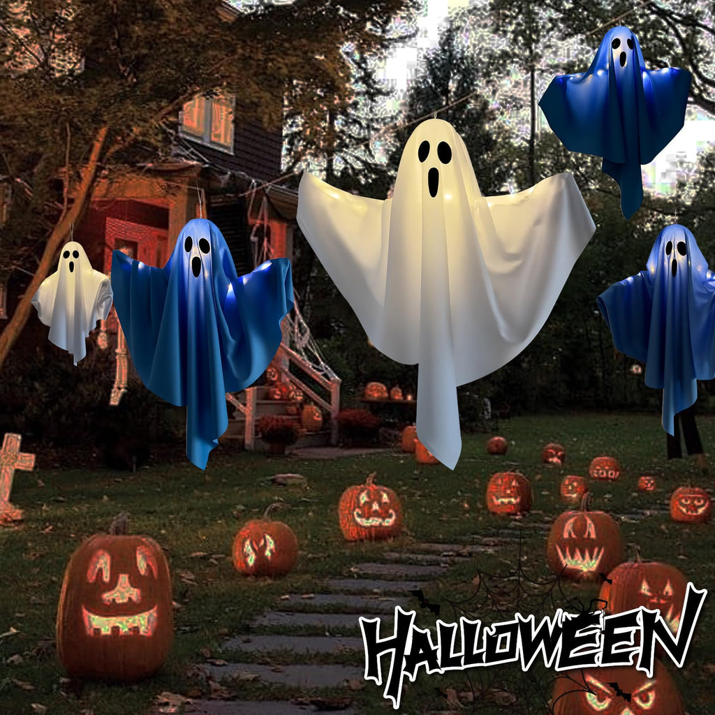 3 Pack Light Up Hanging Ghosts Halloween Decorations, 22.5" White Hanging Ghost Decor for Outdoor Yard Porch Patio Garden, Battery Operated Halloween Party Decorations