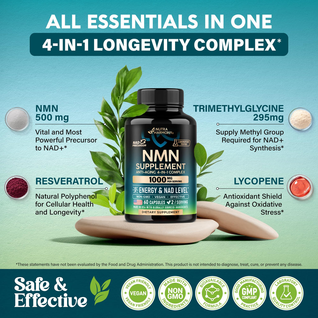 NMN Supplement - NMN w/ Resveratrol, TMG & Lycopene 1000mg - 60 Caps
