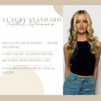 Luxury standard hair extensions made from 100% genuine feathers. Ultra-light, seamless, hand-selected for quality.