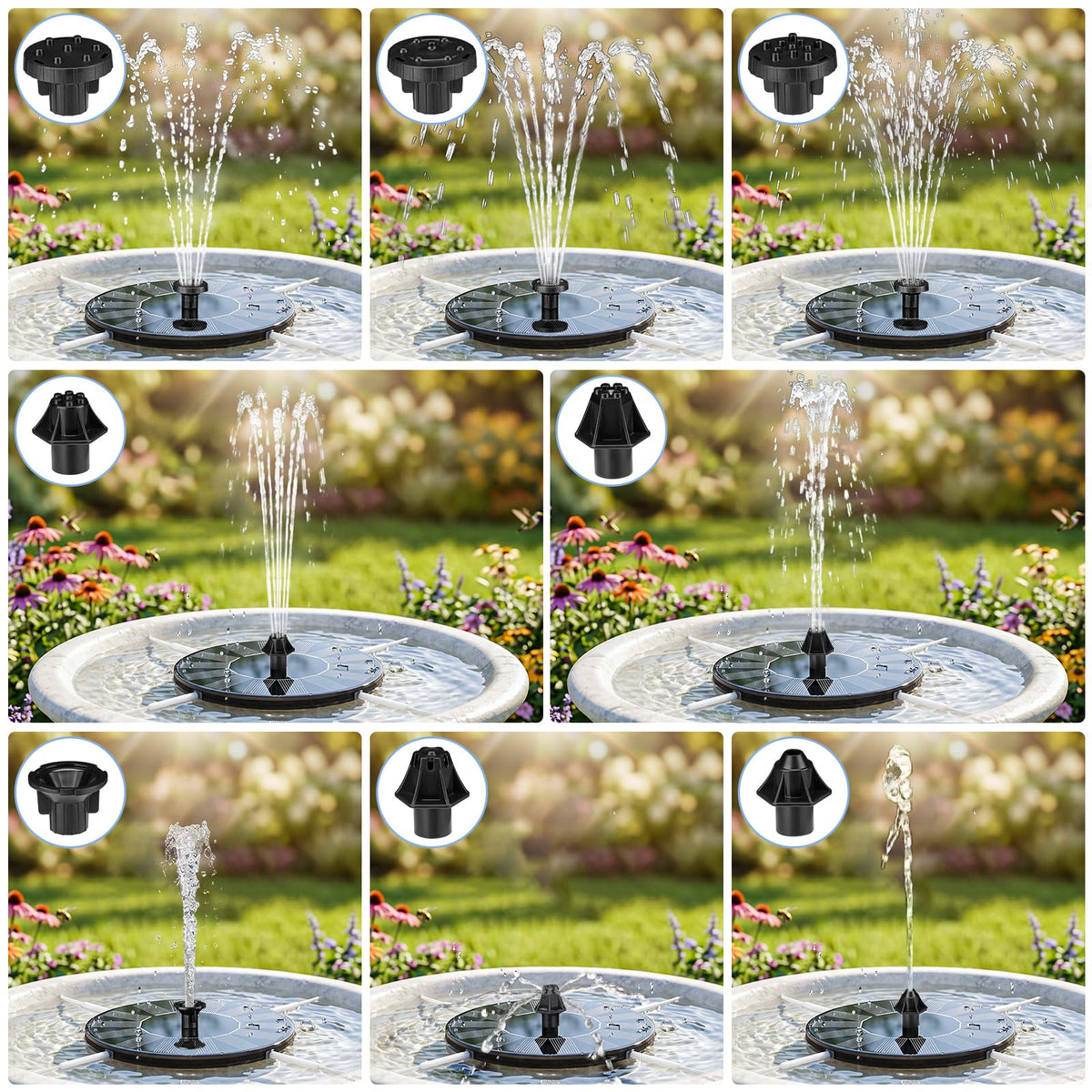 Mademax Solar Bird Bath Fountains, Upgrade 1.4W Solar Fountain Pump with 8 Nozzles & 4 Brackets, Free Standing Floating Solar Powered Water Fountain Pump for Bird Bath, Garden, Pond, Pool, Outdoor