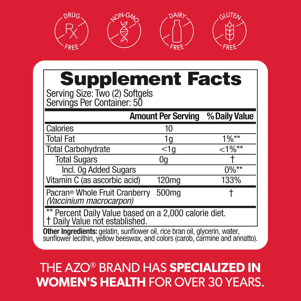 AZO Cranberry Supplement, Made with Concentrated Whole Fruit Cranberry Powder to Help Cleanse and Protect the Urinary Tract*, Sugar Free Cranberry Pills, Non-GMO, 100 Softgels