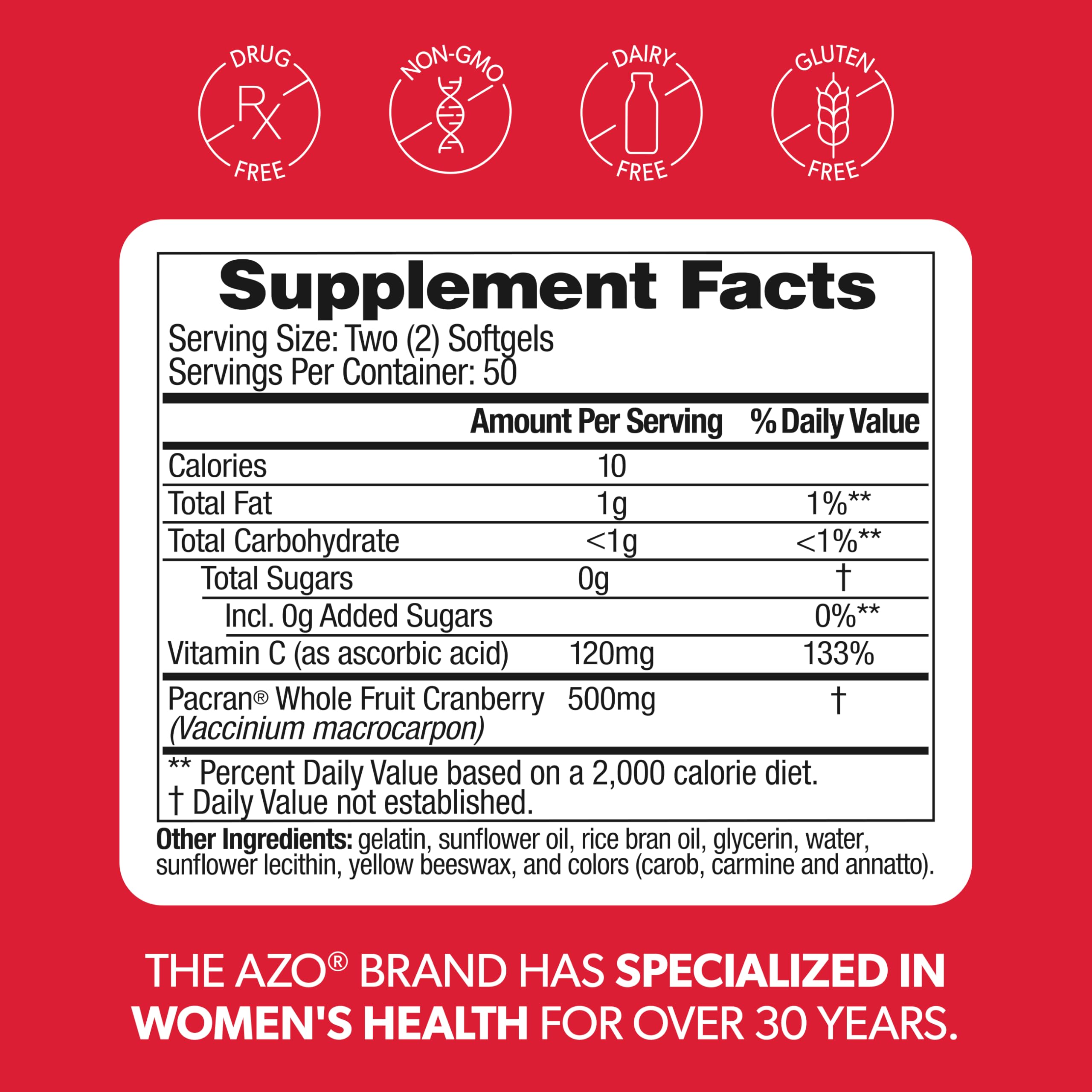AZO Cranberry Supplement, Made with Concentrated Whole Fruit Cranberry Powder to Help Cleanse and Protect the Urinary Tract*, Sugar Free Cranberry Pills, Non-GMO, 100 Softgels