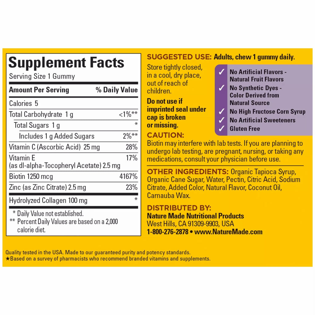 Nature Made Collagen Gummies with Vitamin C and Zinc, 60 Gummies | Hydrolyzed Collagen Peptides for Women and Men, Healthy Skin Support Supplement with Biotin, Lemon Flavor, 60 Day Supply