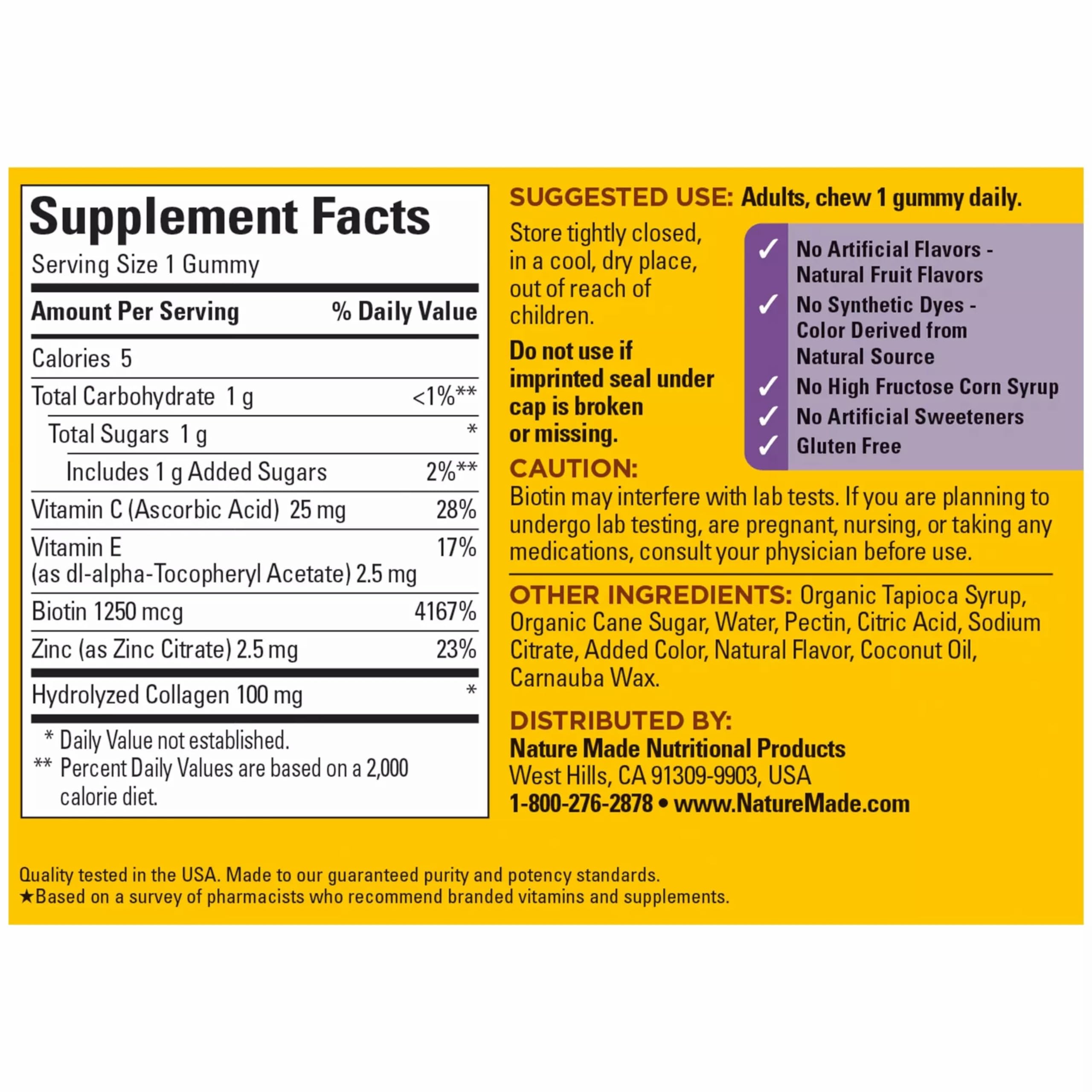 Nature Made Collagen Gummies with Vitamin C and Zinc, 60 Gummies | Hydrolyzed Collagen Peptides for Women and Men, Healthy Skin Support Supplement with Biotin, Lemon Flavor, 60 Day Supply
