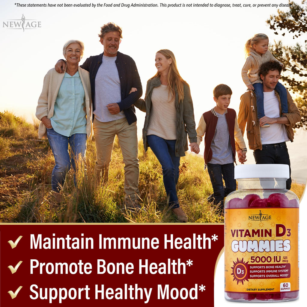 NEW AGE Vitamin D3 5000 IU 125mcg Gummies - Immune Supplement - Non-GMO, Gluten-Free, Dairy-Free, No Gelatin (120 Gummies (Pack of 2))