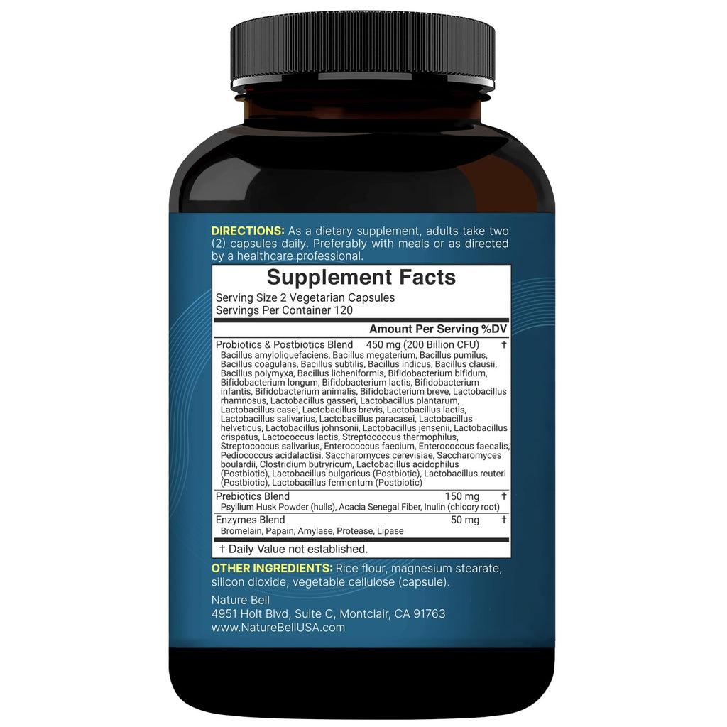 NatureBell Probiotics 200 Billion CFU Per Serving, 40 Strains, 240 Capsules | 4-in-1: Probiotics, Prebiotics, Postbiotics & Enzymes. Full-Spectrum, Multi-Strain. For Men & Women. Vegetarian, Non-GMO.