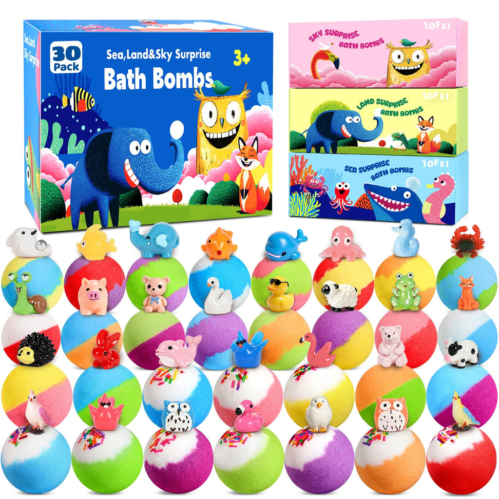 30 Pack Bath Bombs for Kids with Toys Inside, Kids Bath Bombs Gift Set with 30 Sea & Land & Sky Animal Surprise Toy, Child-Safe Natural Bubble Bath Toys, Birthday Gifts for Kids Boys Girls