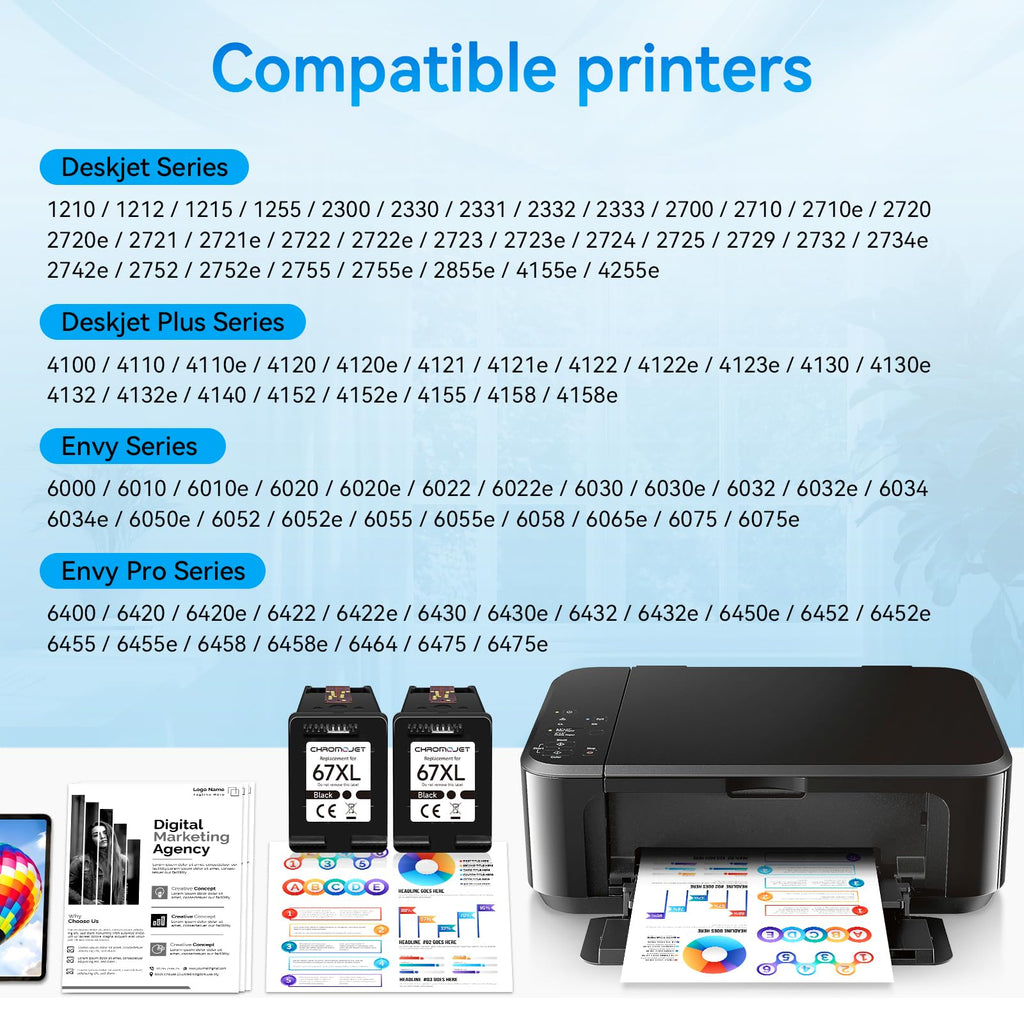 Printer Ink 67 Compatible for HP 67 Black Ink Cartridge Compatible for HP Ink 67 for HP 67 Ink Fit for DeskJet 2855e 2800e 4155e 2755e 2700 2700e 4100 4255e Envy 6055e 6455e 6000 6400 Printer(2 Black)