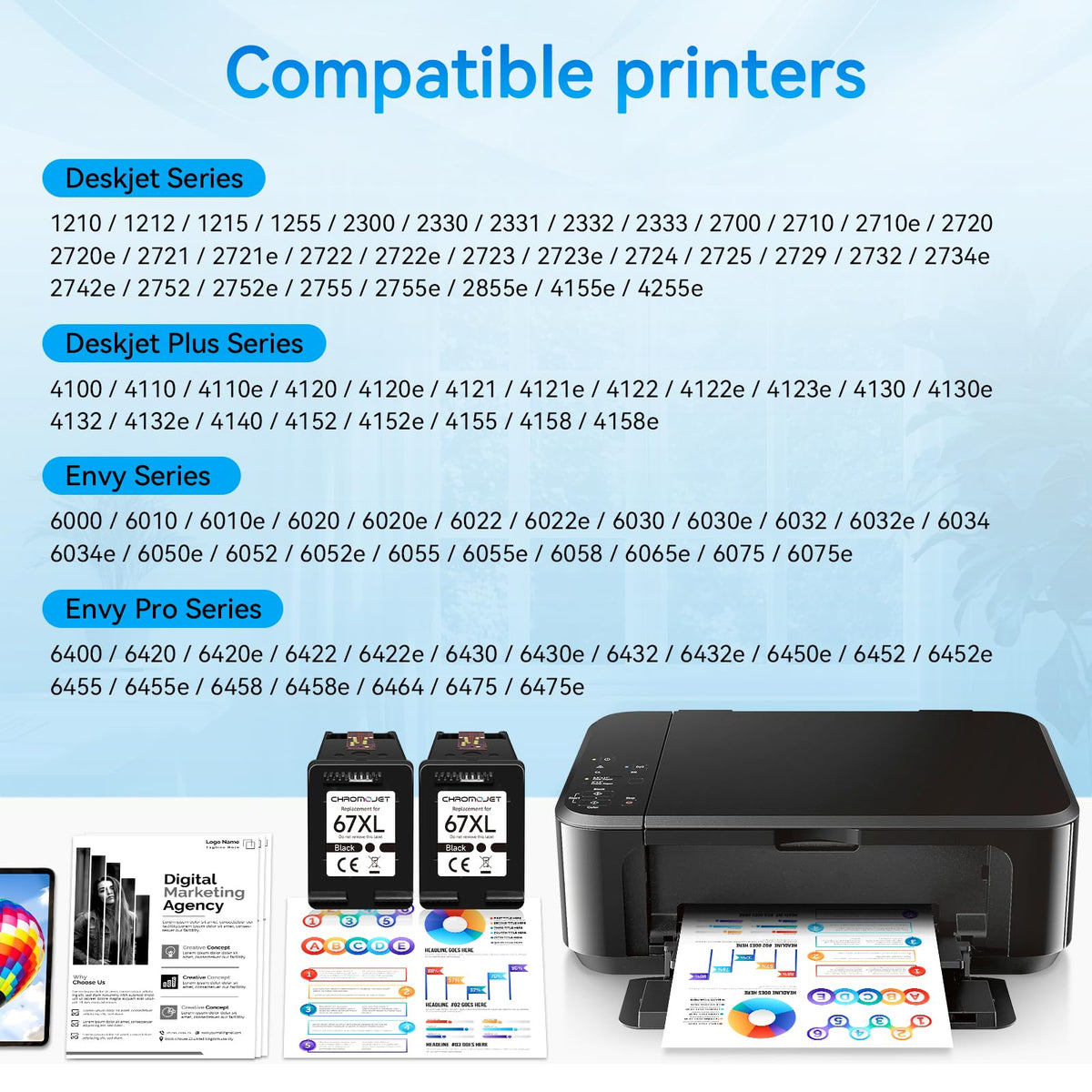 Printer Ink 67 Compatible for HP 67 Black Ink Cartridge Compatible for HP Ink 67 for HP 67 Ink Fit for DeskJet 2855e 2800e 4155e 2755e 2700 2700e 4100 4255e Envy 6055e 6455e 6000 6400 Printer(2 Black)