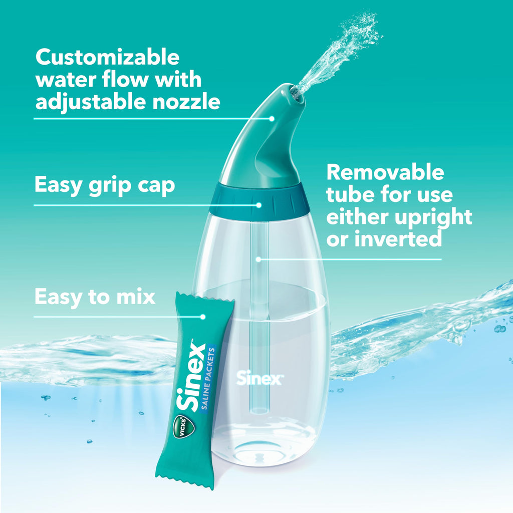 Buy now Vicks Sinex Saline Nasal Rinse Starter Kit, Drug Free Saline, Flush Out Mucus and Allergens, Fast & Effective Relief for Everyday Congestion from Sinus & Allergy, 1 Bottle + 30 Refill Packets at indiglob india