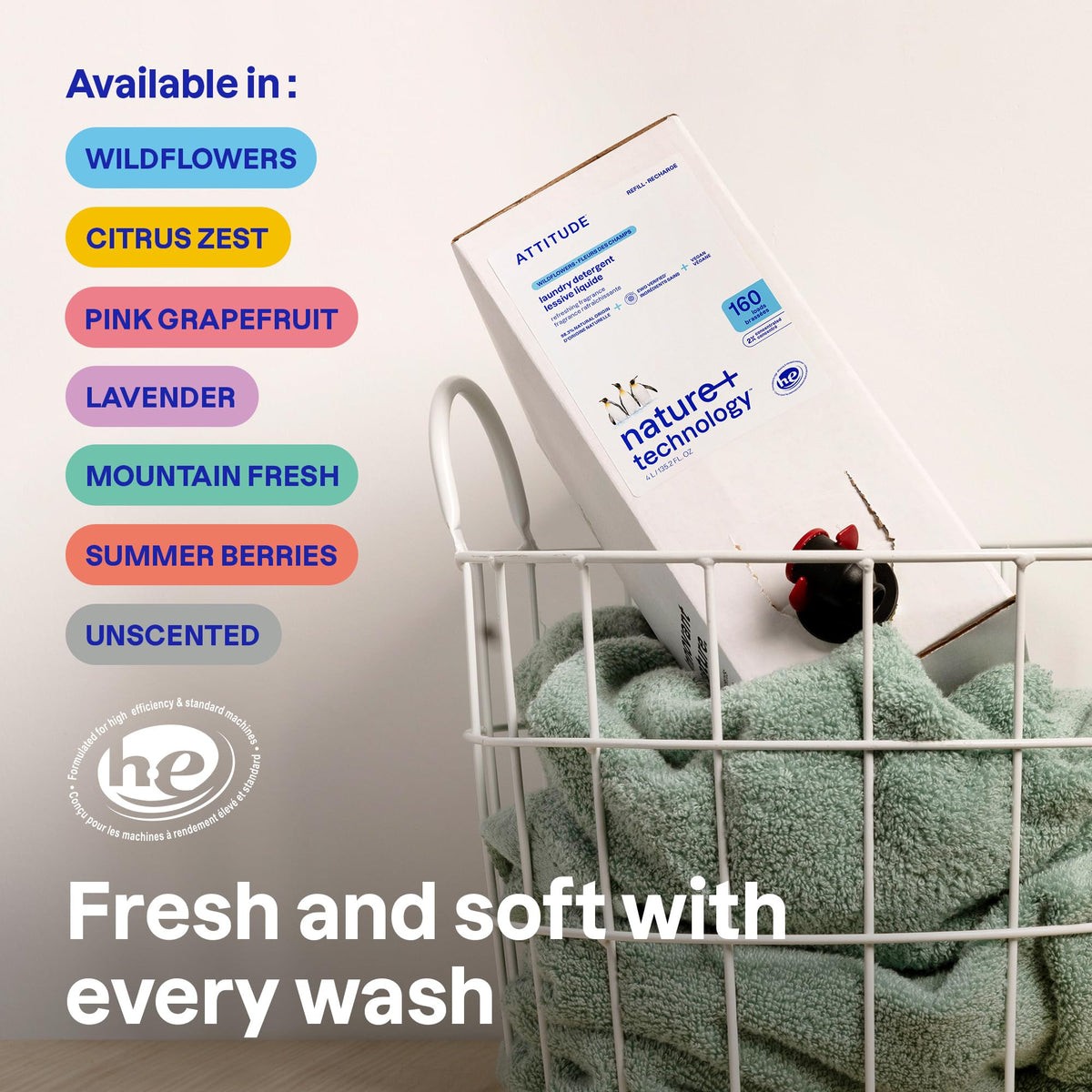 ATTITUDE Free and Clear Laundry Detergent Refill, Unscented, 160 Loads