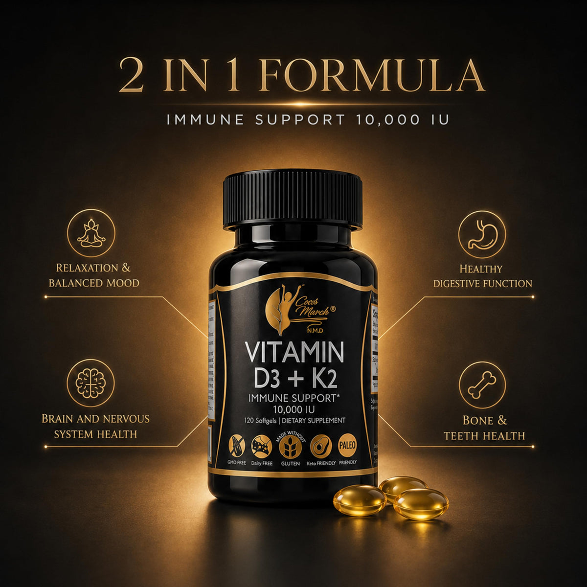 Cocó March N.M.D Vitamin D3+K2 10,000 IU - High Potency, 4 Month Supply