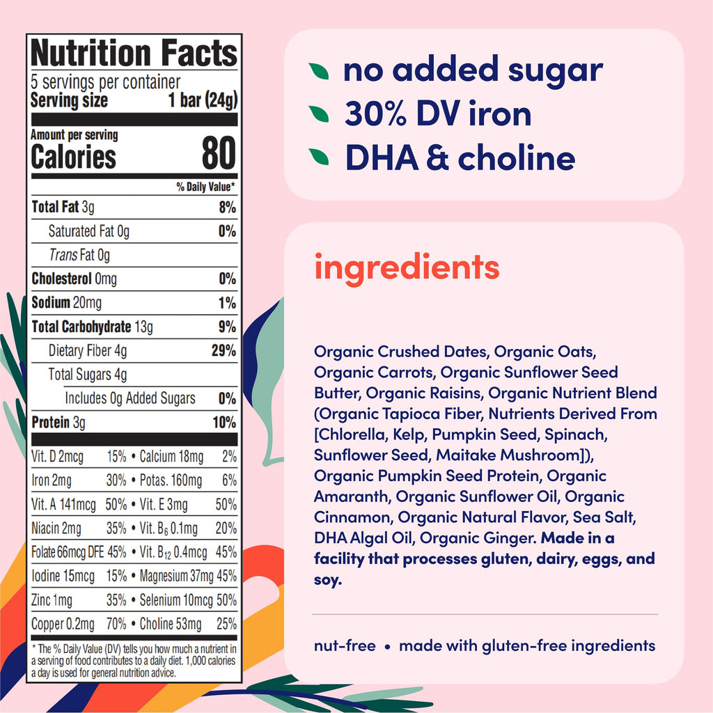 Cerebelly Organic Toddler Snack Bars, Carrot Date Smart Bars, 16 Brain-Supporting Nutrients, No Added Sugar, Gluten Free, Nut Free, Kids Snacks, 5 Pack