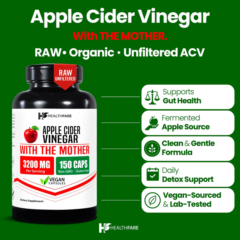 HealthFare Apple Cider Vinegar Capsules with the Mother | Raw, Organic & Unfiltered ACV | 150 Vegan Pills | Maximum Strength Supplement for Detox & Digestion | Non-GMO, Gluten-Free, Made in USA