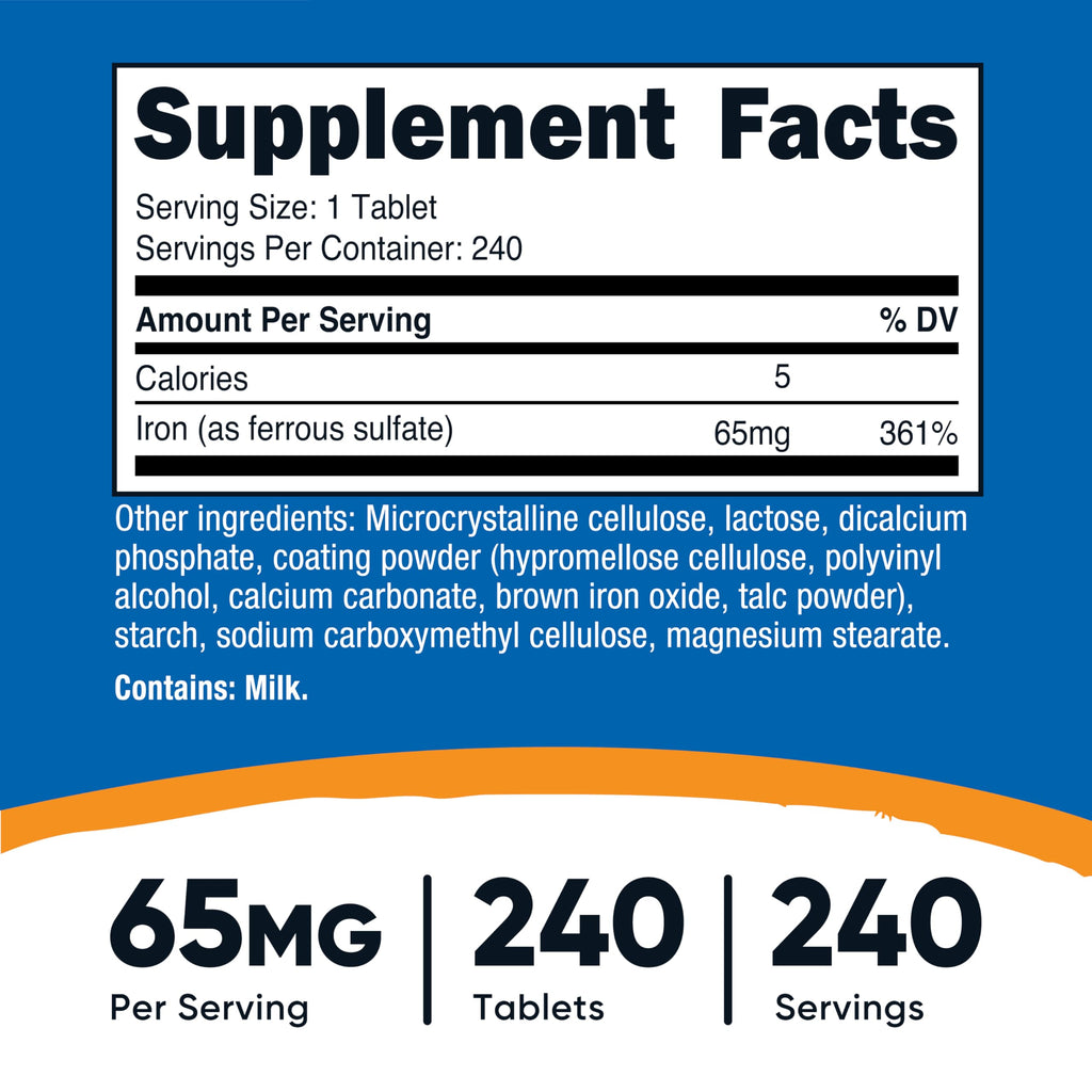 Nutricost Iron (As Ferrous Sulfate) 65mg, 240 Tablets - Non-GMO, Gluten Free (Pack of 2)