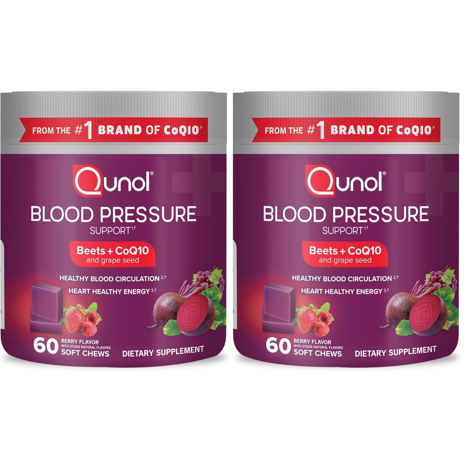 Qunol 3-in-1 Beet Roots Chews with CoQ10, Blood Pressure Support, 60ct | Supports Healthy Blood Circulation & Heart Healthy Energy, From the #1 Brand of CoQ10, Vegetarian, No Synthetic Dyes