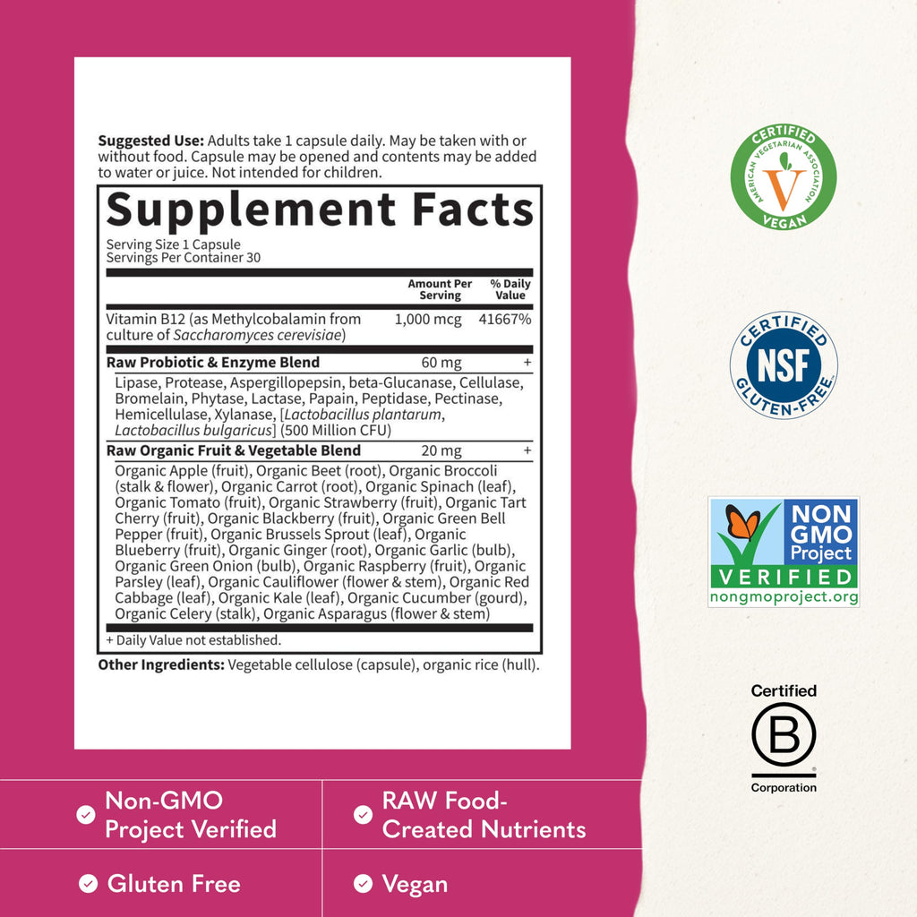 Garden of Life Vitamin Code Raw B-12 - 30 Capsules, 1,000mcg Whole Food B12 Methylcobalamin for Energy, Vegan Methylcobalamin Vitamin plus Probiotics and Enzymes, Gluten Free Supplements