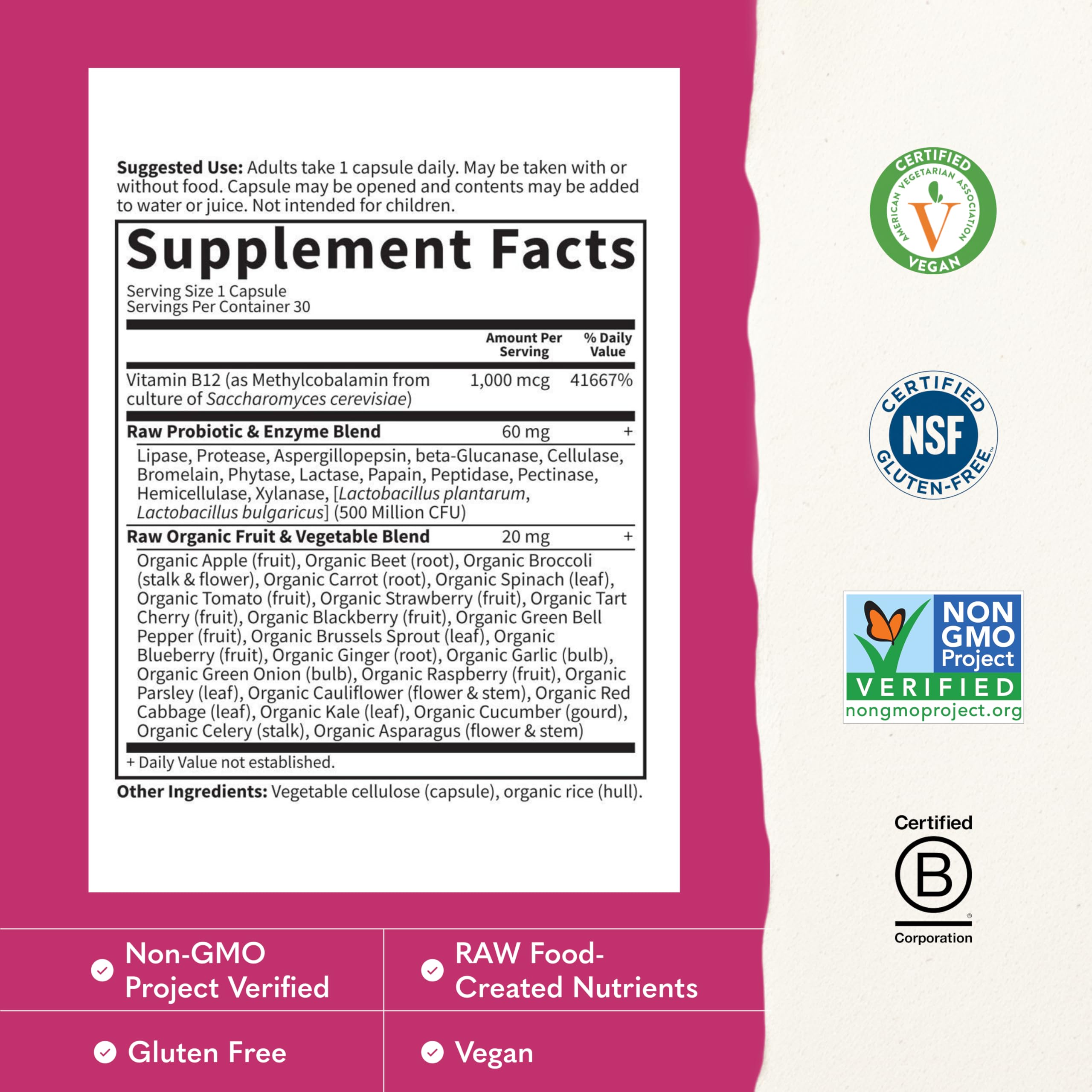 Garden of Life Vitamin Code Raw B-12 - 30 Capsules, 1,000mcg Whole Food B12 Methylcobalamin for Energy, Vegan Methylcobalamin Vitamin plus Probiotics and Enzymes, Gluten Free Supplements