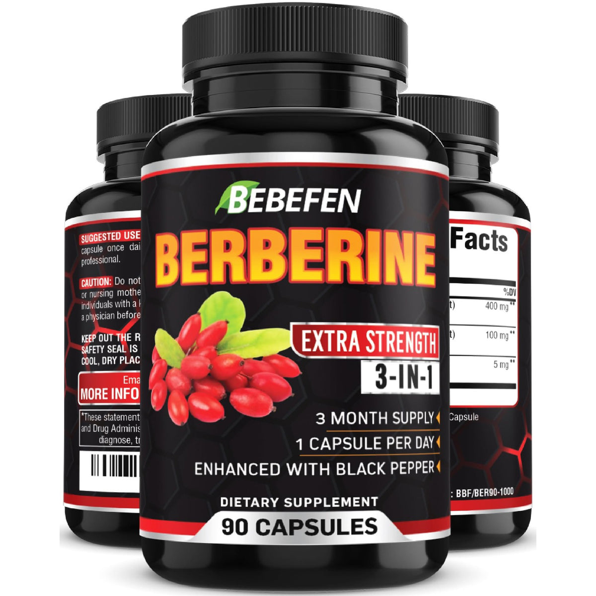 Berberine Capsules with Black Pepper Extract - 90 Capsules - 3 Month Supply