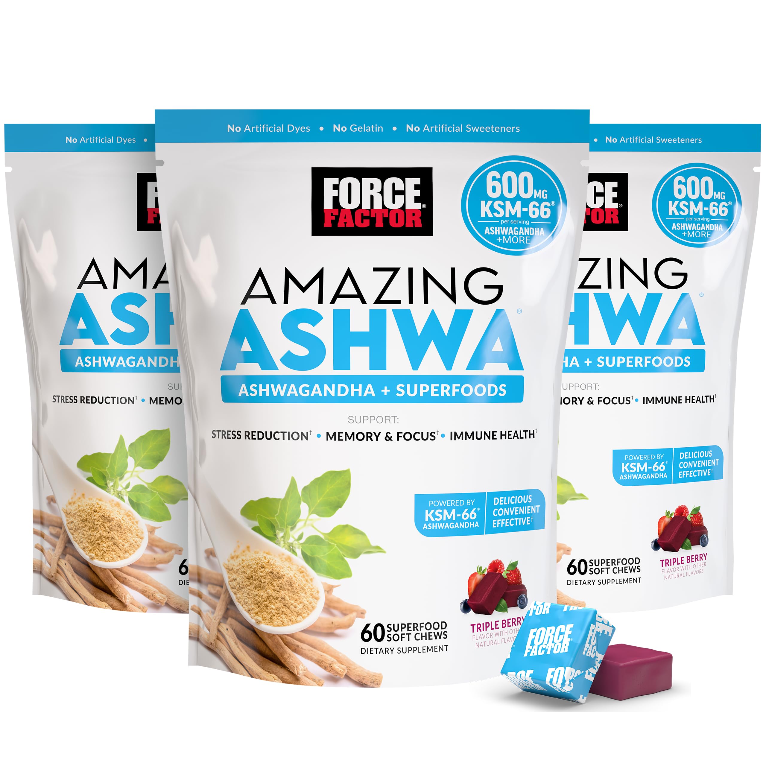 Force Factor Amazing Ashwa, Ashwagandha Supplement for Stress Relief | Memory, Focus, and Immune Support Health with KSM-66 Ashwagandha for Stress, 60 Soft Chews