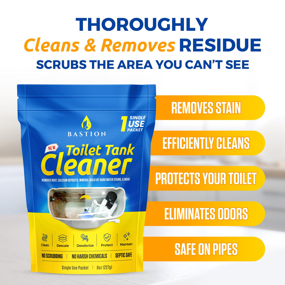 Bastion Toilet Tank Cleaner - 6-Uses. (*Not For Toilet Bowl*) Removes Rust, Mineral Deposits, Hard Water Stains, & Calcium Build Up. Contains 6 X 8oz Single Use Packets