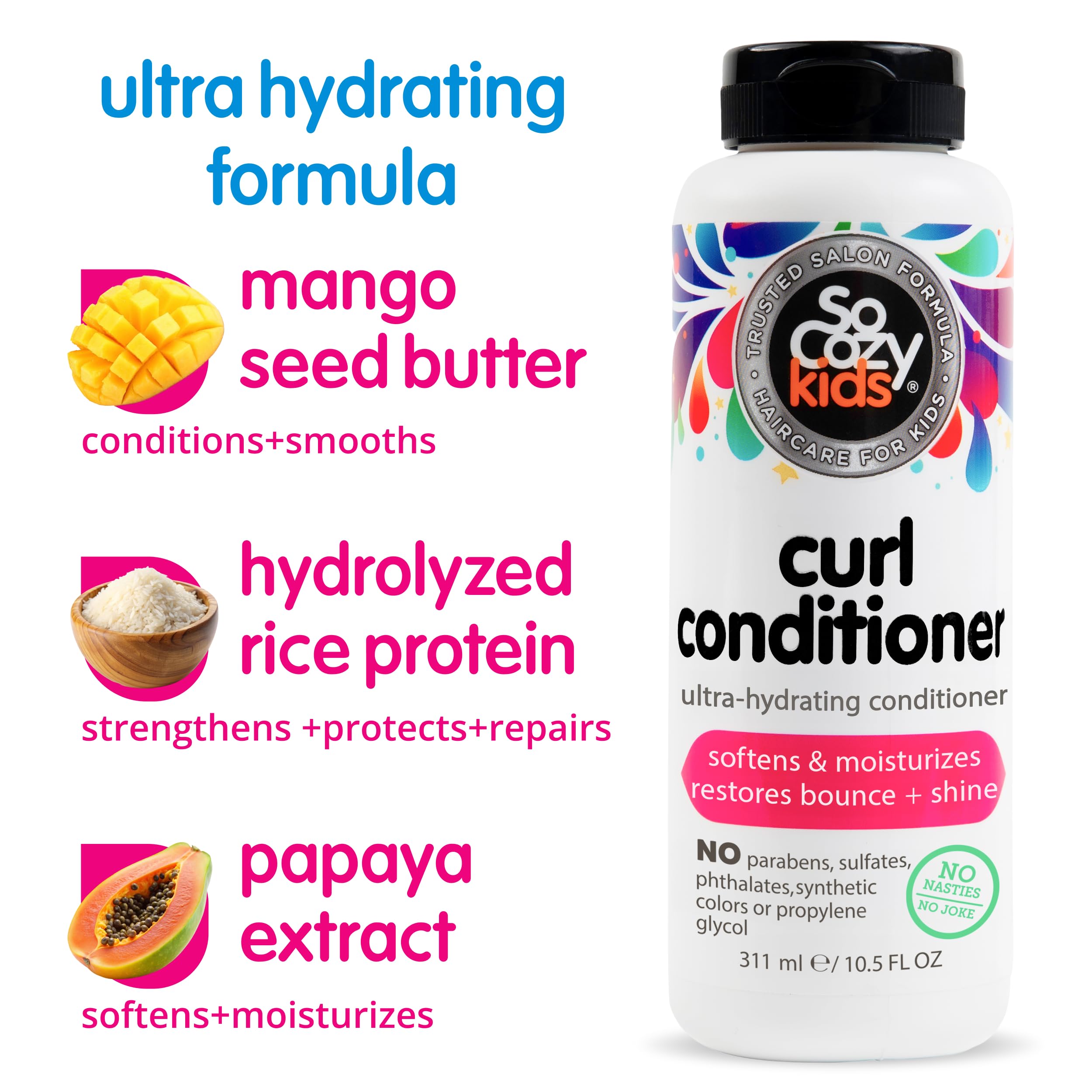 SoCozy Curl Conditioner for Kids Curly Hair (10.5 Fl Oz, Pack of 2) Helps Soften Dry & Unruly Curls, Hair Conditioner & Detangler with Mango Seed Butter, Rice Protein & Papaya Extract, Paraben Free