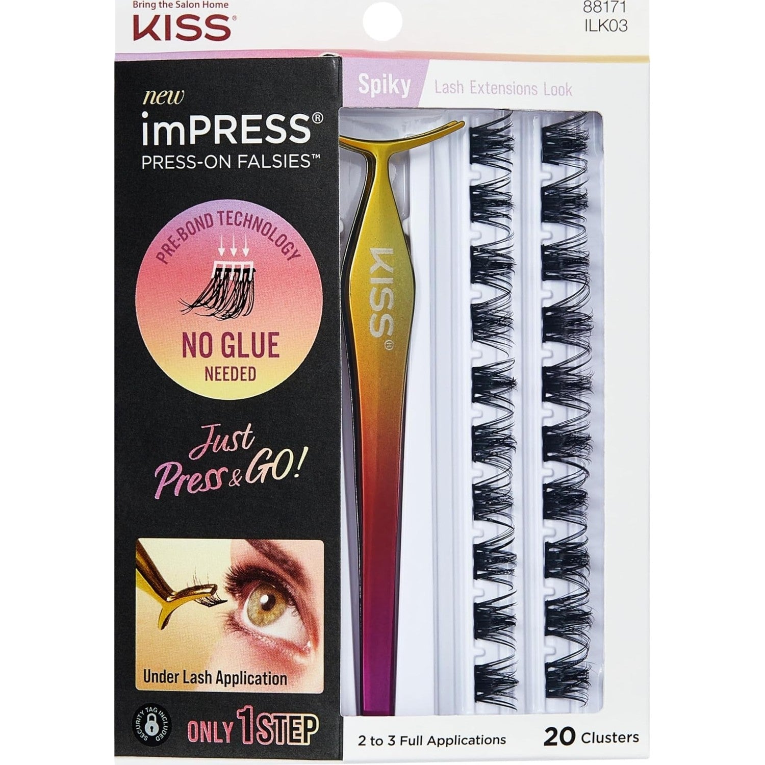 Kiss Impress Falsies Press On Self Adhesive Eyelashes, 12mm-14mm Glam Volume Press On Lashes, Black, No Glue Needed, Invisible Band, 20 Lash Clusters & Non-Stick Applicator - Spiky
