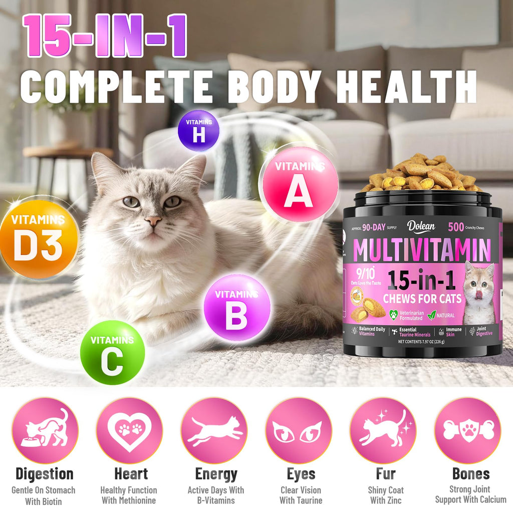 Taurine for Cats Vitamins, 15 in 1 Cat Multivitamin Immune Support, 500ct