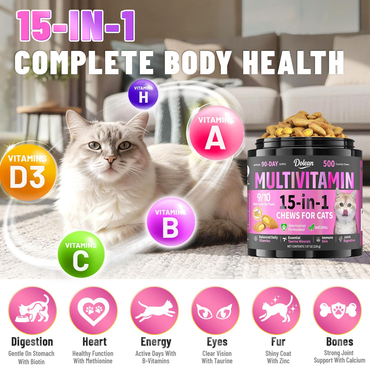 Taurine for Cats Vitamins, 15 in 1 Cat Multivitamin Immune Support, 500ct