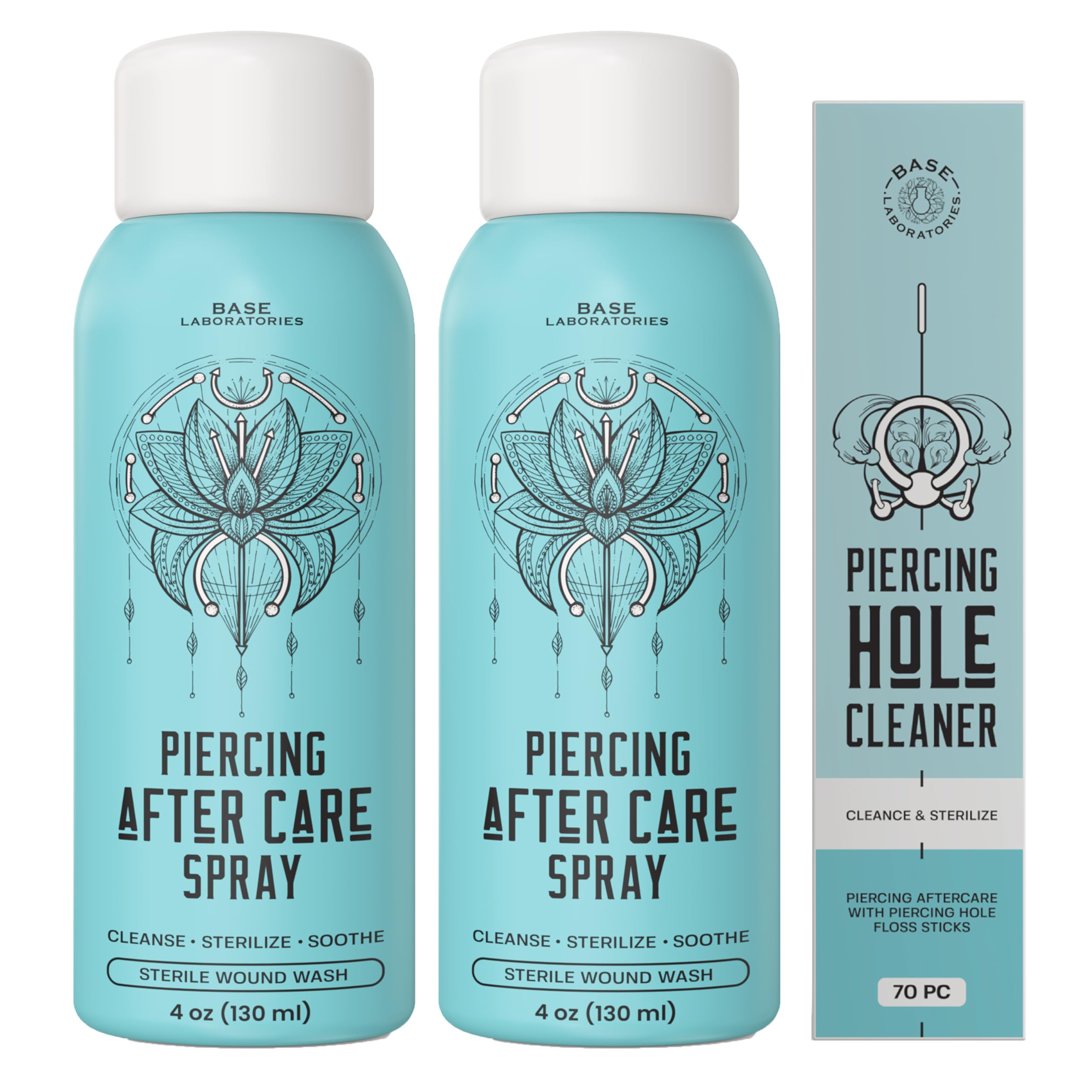 BASE LABORATORIES Piercing Aftercare Spray 4 oz, Saline Spray for Piercings | Ear Piercing Cleaner, Nose Piercing Spray, Saline Solution, Keloid Bump, Navel Care, Wound Wash, Belly Button Soak