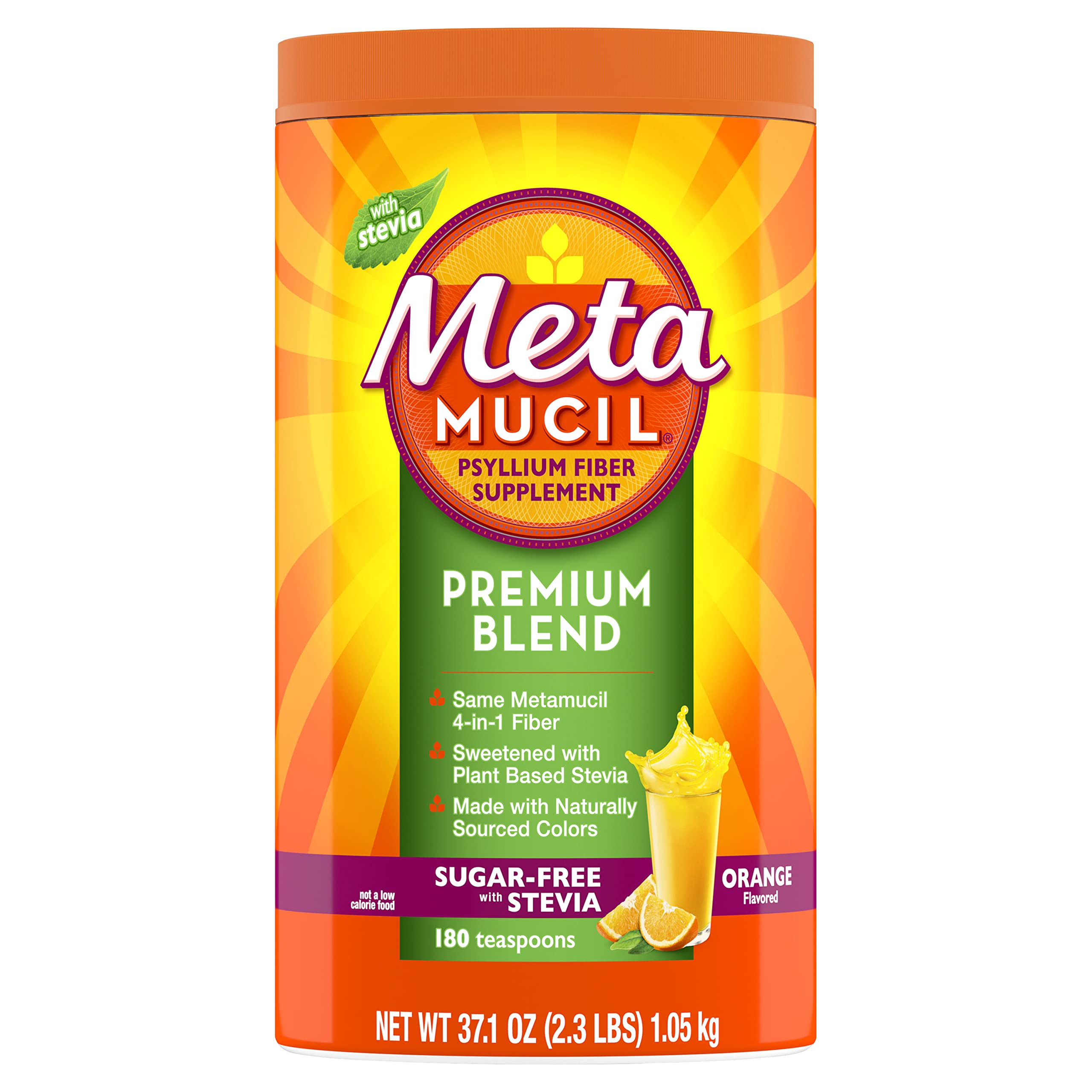 Metamucil Premium Blend, 4-in-1 Fiber Supplement for Digestive Health, Psyllium Husk Fiber Powder, Sugar-Free with Stevia, Plant-Based_Fiber Supplement, Orange Flavored, 180 teaspoons (Pack of 4)