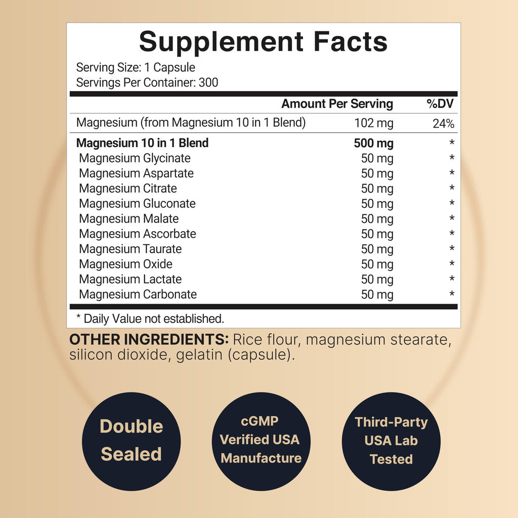 NatureBell Magnesium Complex 10-in-1, 500 mg Per Serving, 300 Capsules | 10 Active Forms: Glycinate, Citrate, Malate, Taurate & More. Chelated Magnesium Supplement for Women & Men. Non-GMO.