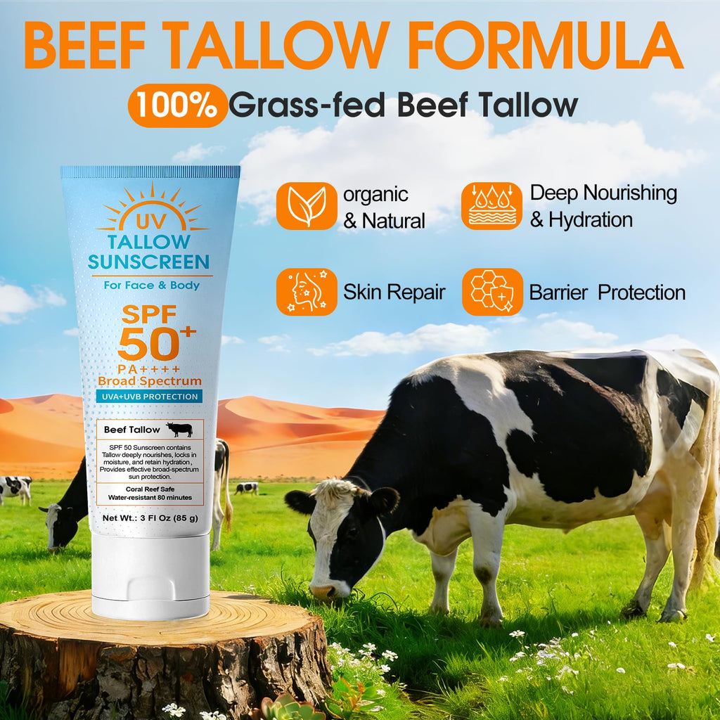 Beef Tallow Sunscreen, Broad Spectrum Mineral Lotion with Non-Nano Zinc Oxide - No White Cast, Non-Greasy, Reef-Safe & Water-Resistant for Sensitive Skin (3 Fl Oz)