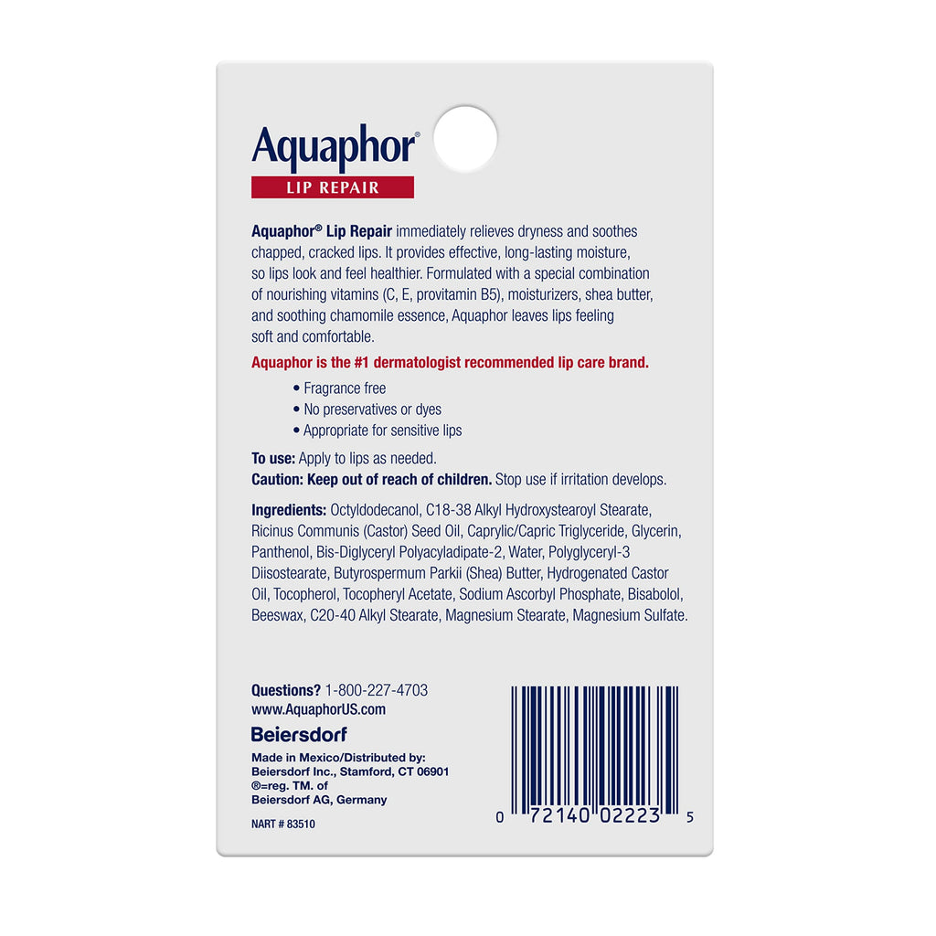 Aquaphor Lip Repair Ointment, Value Pack, 2 x 0.35 FL OZ | Lip Balm Moisturizer with Vitamins and Shea Butter, Immediate Severely Dry Lip Relief, Paraben and Fragrance Free
