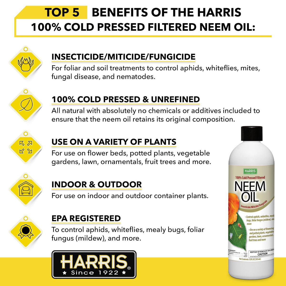 Harris Concentrated Neem Oil 100% Cold Pressed Filtered Oil Insecticide/Miticide/Fungicide, 12 oz Concentrate