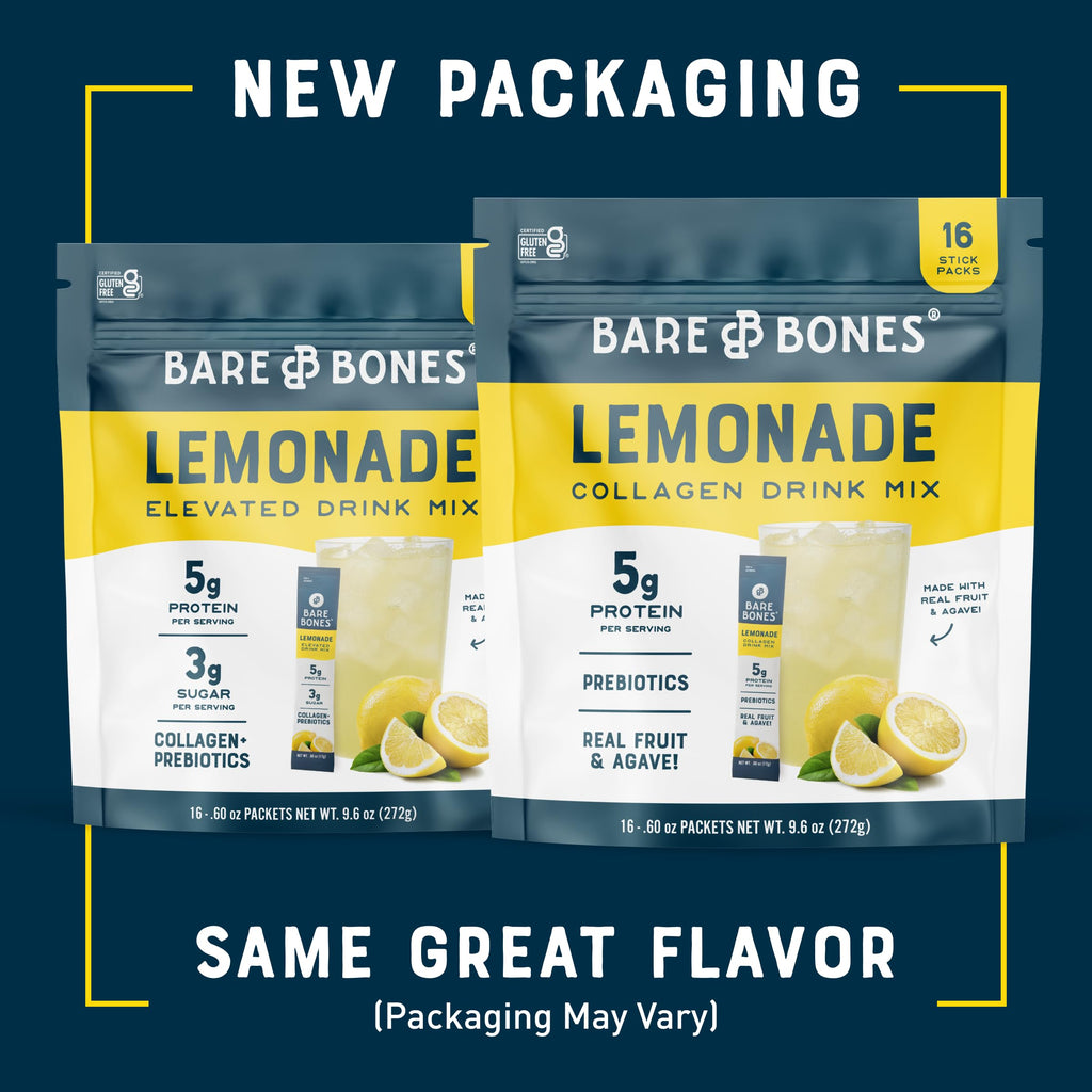 Bare Bones Lemonade Collagen Protein Powder Drink Mix, 16 Stick Packets | 5g Collagen Protein | Prebiotic Collagen Drink Mix for Water | Naturally Sweetened, Light & Flavorful | Gluten & Dairy Free