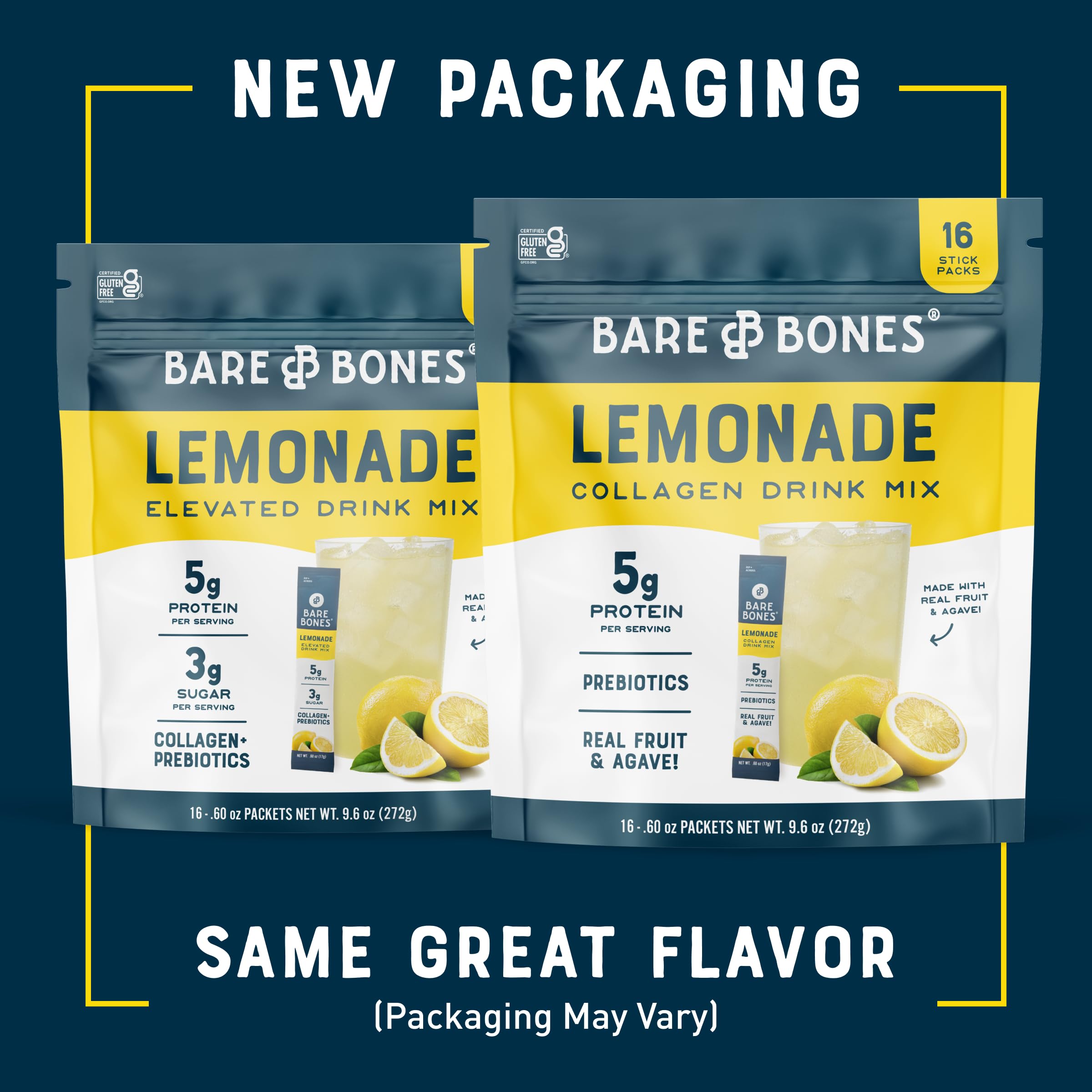 Bare Bones Lemonade Collagen Protein Powder Drink Mix, 16 Stick Packets | 5g Collagen Protein | Prebiotic Collagen Drink Mix for Water | Naturally Sweetened, Light & Flavorful | Gluten & Dairy Free