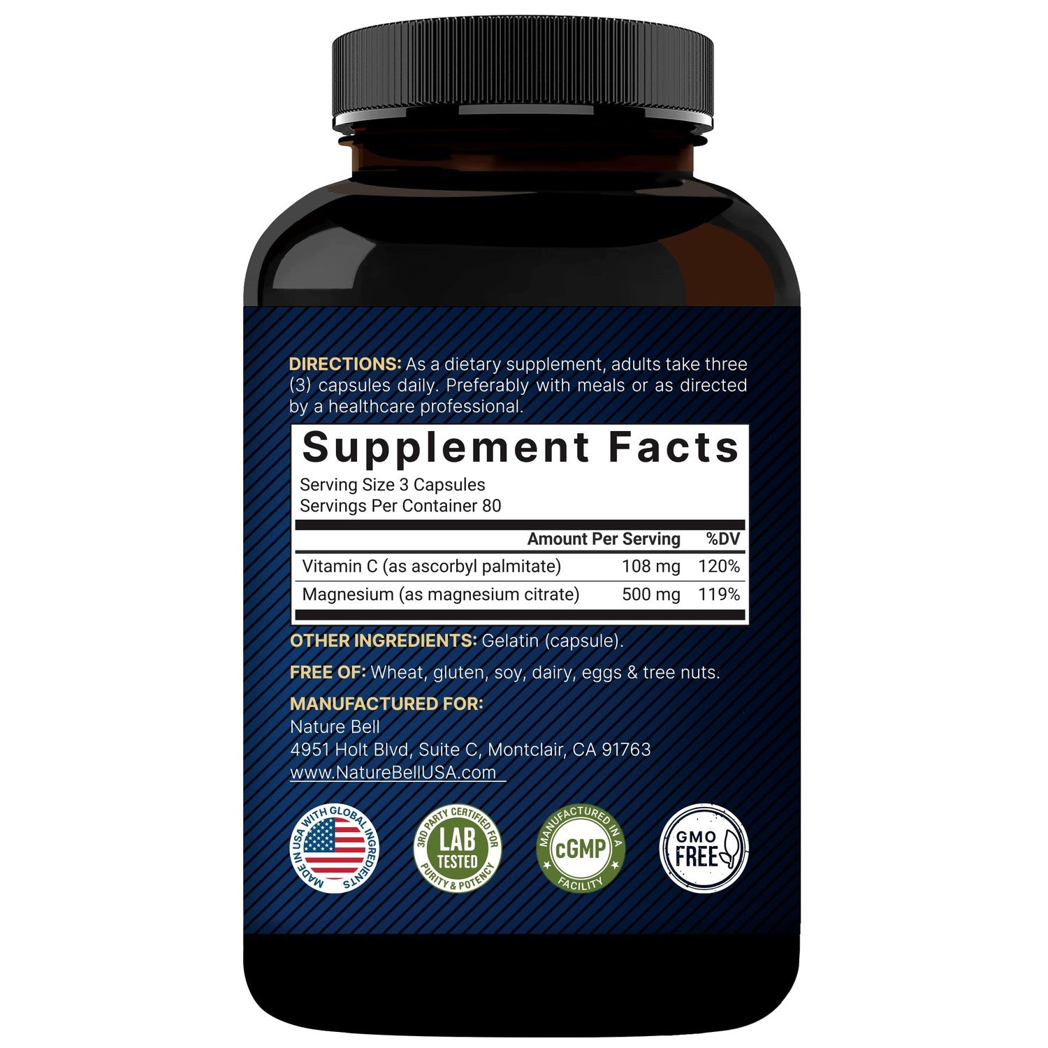 NatureBell Pure Magnesium Citrate 500mg per 3 Capsules Serving Size, 240 Capsules per Bottle | High-Purity Elemental Form | Non-GMO, Gluten-Free