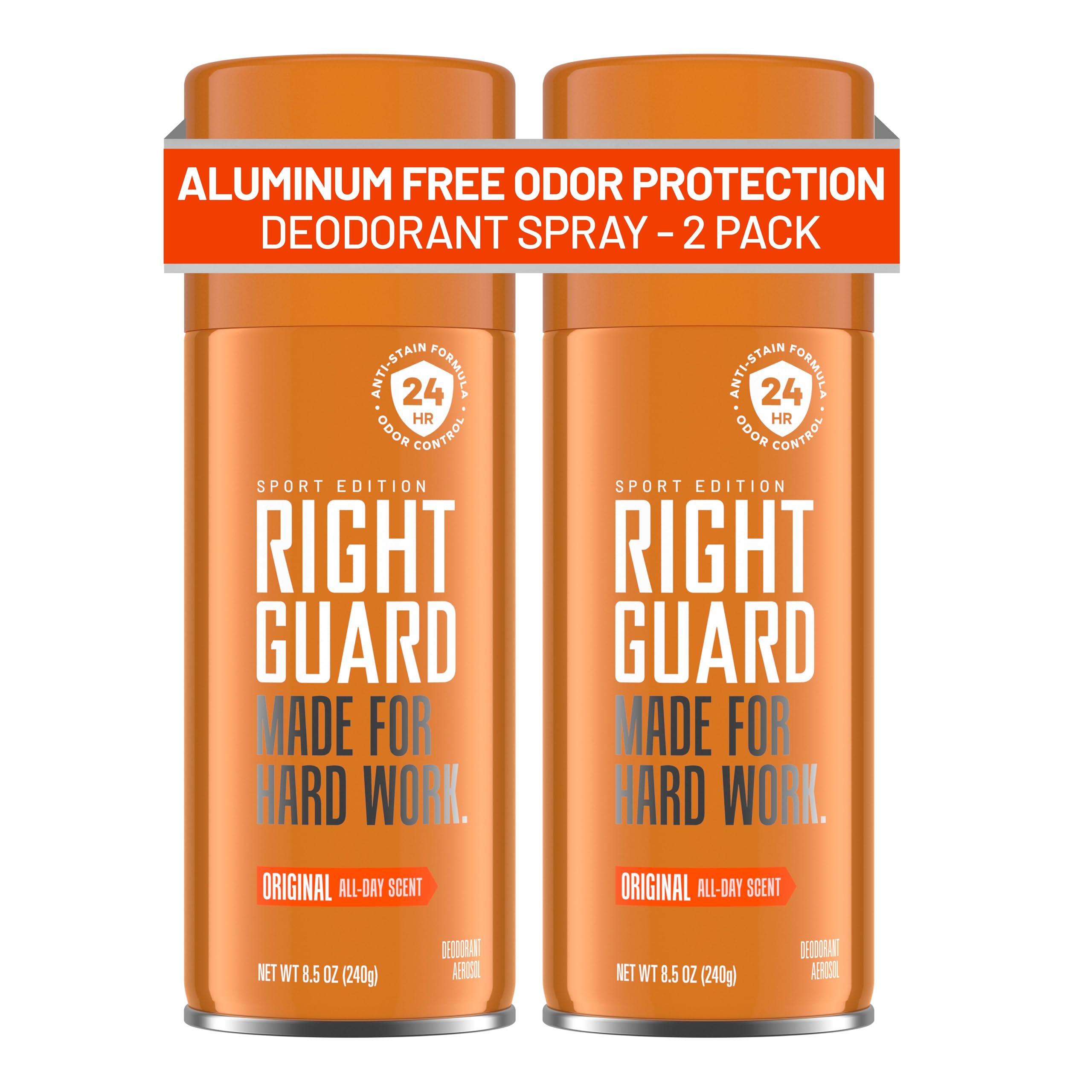 Right Guard Sport Original Scent Deodorant Spray - Aluminum Free Spray Deodorant for Men, 24-Hour Odor Protection, Anti-Stain, & Long-Lasting, 8.5 oz (2 Pack)
