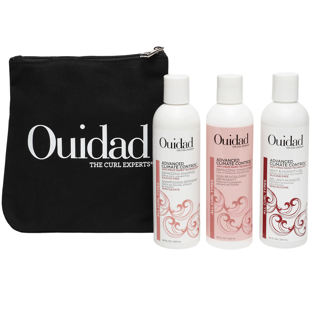 Ouidad Frizz-Free Wash Day Hair Care Kit for Curly Hair, Anti-Frizz Advanced Climate Control Shampoo, Conditioner & Gel, Defines Curls, Fights Humidity, Adds Shine – Includes Canvas Bag, 3-Piece Set
