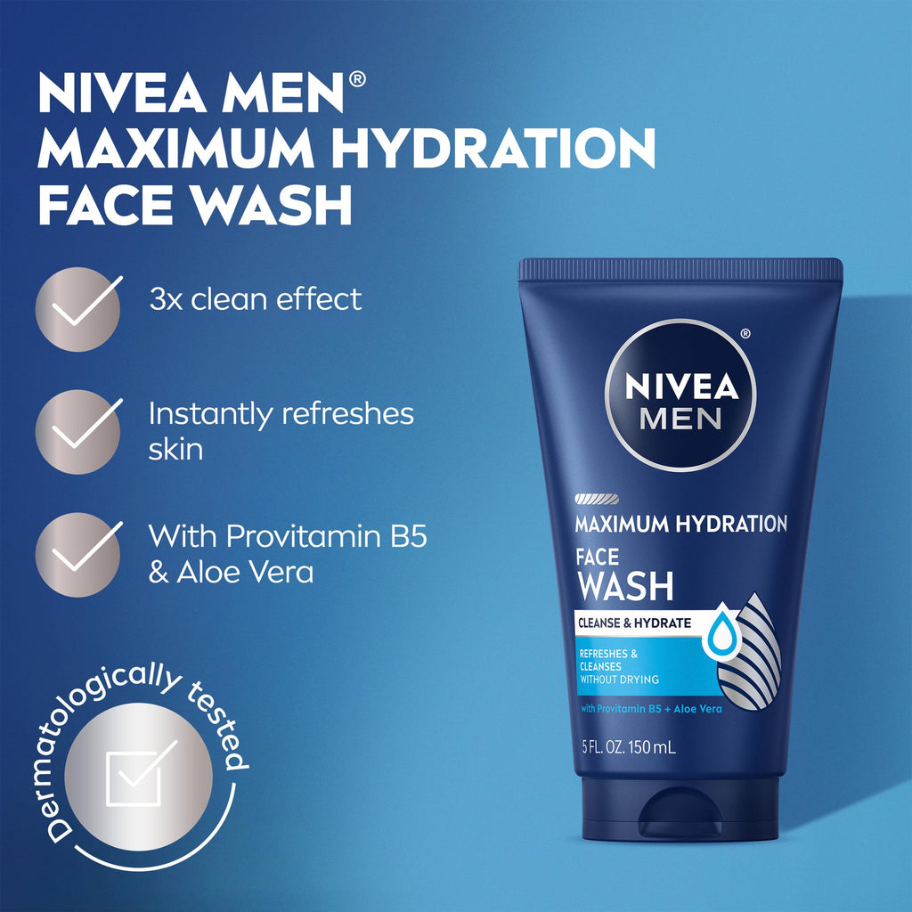 NIVEA MEN Maximum Hydration Face Wash, Provitamin B5 and Aloe Vera, 5 FL OZ | Hydrating Face Wash for Men, Provitamin B5 and Aloe Vera, Refreshes and Cleanses without Drying, Dermatologically Tested
