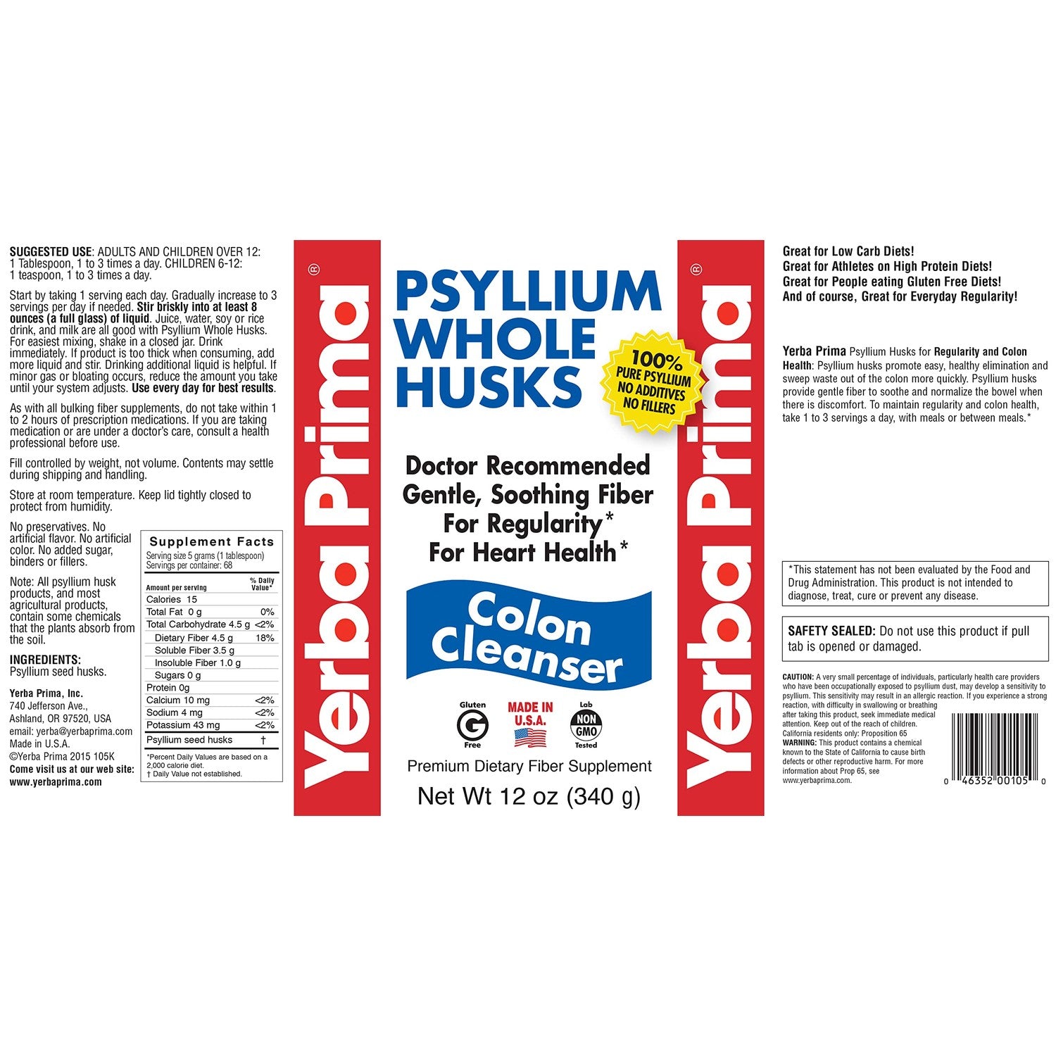 Yerba Prima Psyllium Whole Husks, Colon Cleanser 12 oz (Pack of 2) - All Natural Dietary Fiber, Pure Premium Psyllium, Lab-Tested Non-GMO, Gluten-Free Fiber