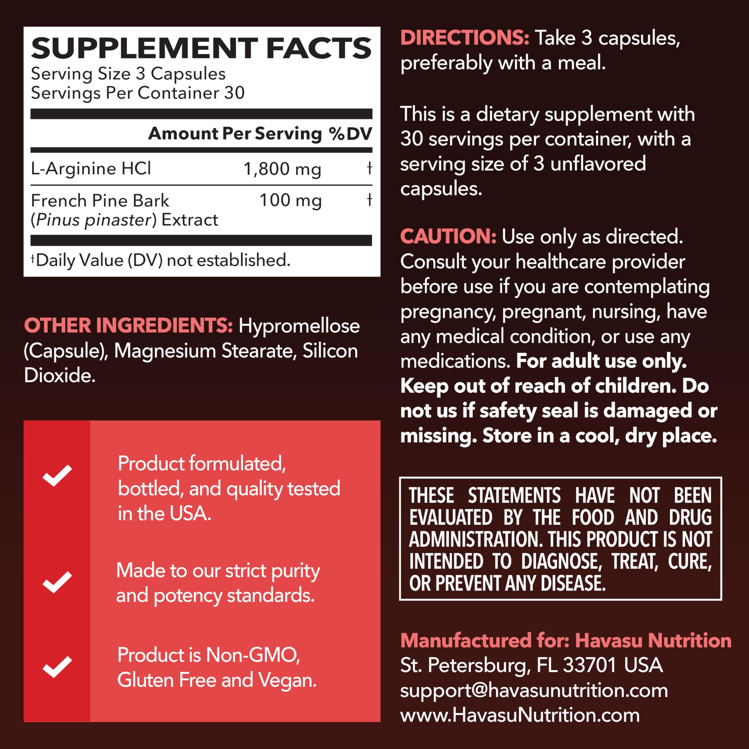 L-Arginine 1800mg with Pine Bark Extract 100mg Per Serving, 30 Servings | Nitric Oxide Supplement with Pine Bark and L-Arginine for Men, Performance Supplement for Men's Health, Vegan, 90 Count